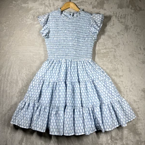J. Marie Smocked Dress Flutter Sleeves Blue Ruffle Pockets Small - Picture 1 of 19