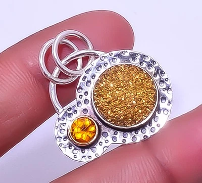 Colgante de plata de ley 925 de cuarzo dorado druso ágata de titanio 1,33" A28 Foto 1 de 4