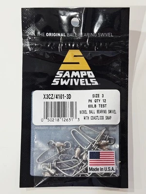 🐟 Sampo Size 3 Swivels Ball Bearing Swivel Coastlock Snap 60lb Nickel 12 Count  - Image 1 of 2