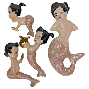 4 Mermaids Wall Plaques Ceramic Iridescent Glitter Japan Bathroom Vintage - Picture 1 of 12