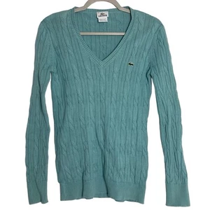 Lacoste Pullover Zopfmuster V-Ausschnitt türkis Damen Gr. 40 Medium Alligator Logo - Bild 1 von 8