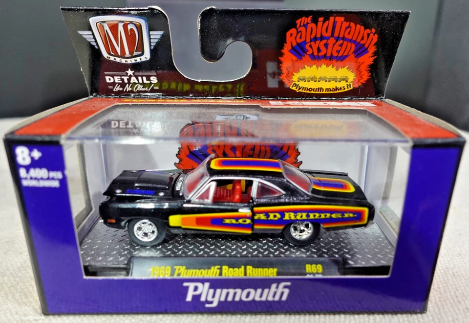 Sistema de tránsito rápido Plymouth Road Runner 1969 M2 Machines 1/64 Foto 1 de 2