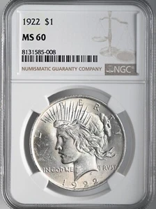 1922-P $1 PEACE SILVER DOLLAR MINT STATE NGC MS60 #131585-008 FRESHLY GRADED! - Picture 1 of 4