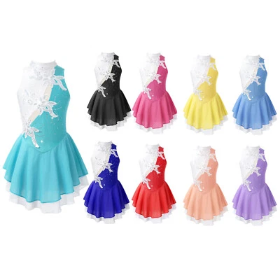 UK Girls Sequins Dance Dress Roller Ice Skating Dresses Ballet Lyrical Dancewear - Image 1 of 4