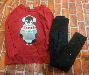 Gymboree Outlet Penguin Shirt 5 Cat & Jack Leggings 5t Christmas Girls Set - Picture 1 of 1