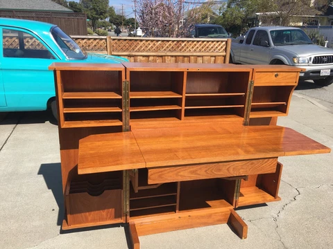 VINTAGE 1950'S TEAK CABINET FOLDING WRITING DESK - LOCAL PICK-UP Cover