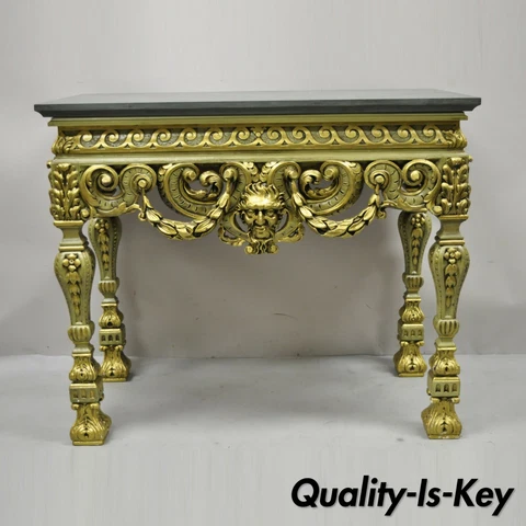 Vintage French Baroque Green Gold Gilt Figural Carved Slate Top Console Table Cover