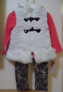 Little Lass 3 Pc White Hooded Fur Trim Vest Coral Shirt & Leopard Leggings Sz 4 - Picture 1 of 2