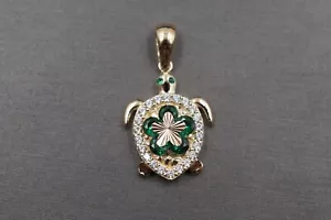 14K massives Gelbgold 0,95" ausgefallen niedlich grüne Schildkröte Charm Anhänger. - Bild 1 von 7