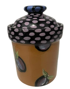 Droll Designs Orange Purple Polka Dot Plums Canister w Lid Coffee Tea Cookies - Picture 1 of 11