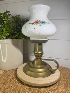 VTG Brass and Floral Painted Milk Glass Hurricane Lamp Candle Holder - Picture 1 of 14