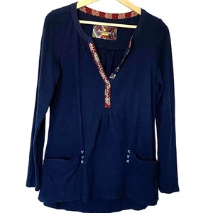 Top tunica Anthropologie Little giallo bottoni Wms Med blu navy ricamato boho - Foto 1 di 6