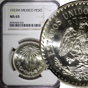 Mexico ESTADOS UNIDOS MEXICANOS Silver 1933 M Peso NGC MS65 BU KM# 455 (034) - Picture 1 of 5