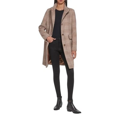 Abrigo para mujer DKNY a cuadros mezcla de lana marrón tostado talla S Foto 1 de 4