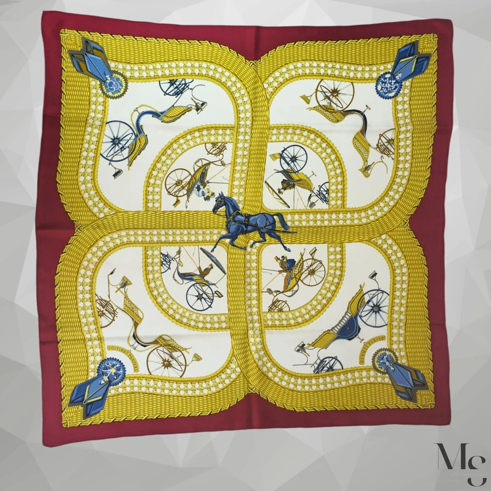Rare & Vintage HERMES PARIS White /Gold VOITURES PANIERS Silk Scarf SQR 35" E.C  - Image 1 of 4
