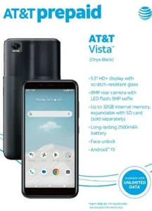 New Sealed AT&T Vista 4G 32GB Android Prepaid Smartphone 8MP Camera (Onyx Black) - Picture 1 of 6