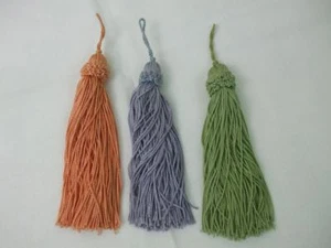3 Fabric Craft Tassels Assorted Colors Sage Light Blue Peach 7" long 1" wide New - Picture 1 of 4