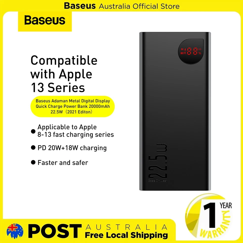 Baseus 22.5W 20000mAh Power Bank with Digital Display - 5 Ports Fast Charging - image 1 of 4