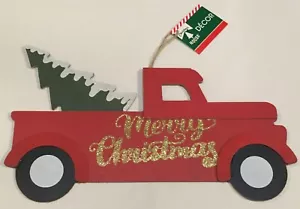 Merry Christmas Farmhouse Red Pickup Truck Hanging Sign - Picture 1 of 4
