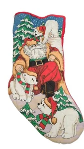 Vintage Quilted Santa Claus With Polar Bears Christmas Stocking 18" - Picture 1 of 5