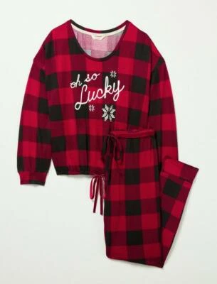 Womens Lucky Brand Buffalo Plaid Holiday Sleep Pajama Set Black Red Size XL 2 PC - Image 1 of 4