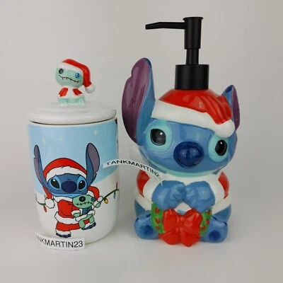 Disney Christmas Santa Stitch Soap Dispenser & Cotton Ball Qtip Pad Holder Jar  - Image 1 of 4