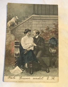 RPPC Beau couple assis sur banc avec chien teinté plus carte de commerce bonus C25 - Photo 1/4