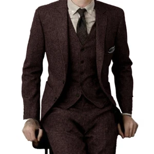 Suit Men Retro Herringbone Jacket Pants Vest Tie 3-piece Set Wear Wool Suit Men - Picture 1 of 18