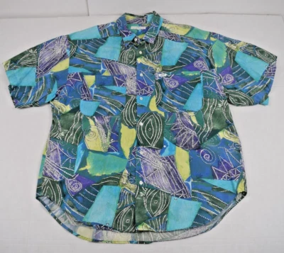 Vintage Leisure Shirt Guess Size L 80s Blue Green Yellow Shapes Cotton Made USA - Image 1 of 4
