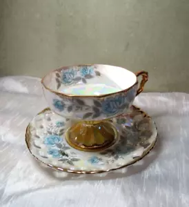 Enesco Vintge Lusteware Cup and Saucer Blue and Yellow - Picture 1 of 16