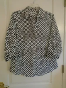 Foxcroft Sz L Easy Care stretch black & white print cotton blemd 3/4 sleeve - Picture 1 of 3