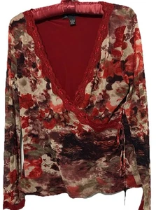 Inc Top L Red Floral Vintage Y2K Boho Stretch Knit Nylon Fairycore Shirt Blouse - Picture 1 of 7