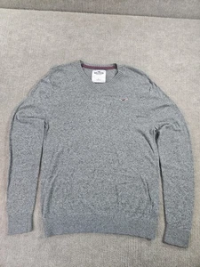 Hollister Sweater Mens Large Gray V Neck Heather Pullover Logo Knit Embroidered - Picture 1 of 10