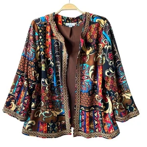 Joan Rivers Moroccan Flair Knit Jacket Women XL Brown Patchwork Boho Cottagecore - Picture 1 of 8