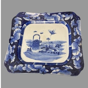 Vintage Antique Blue & White Oriental Imari Floral & Butterfly Decorated Tray - Picture 1 of 4