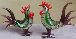 Two {2} Artisan Art Glass Blown Glass Chicken Rooster Miniature Figurines. - Picture 1 of 15