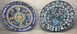 BODRUM TURKEY tourist souvenir memory ceramic plates x2 very colourful handmade - Bild 1 von 15