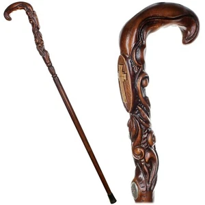 Pilgrims Walking Stick Cane Christian Cross wood Hand carved handle wooden Art - Picture 1 of 11