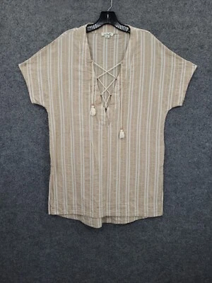 Túnica Simply Noelle para mujer S/M manga corta Dolman cuello en V beige mezcla de lino Foto 1 de 4