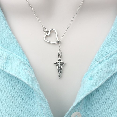 HERMÈS Collana a Y RN LVN LPN MD farmacista; Caduceo in argento antico stile lariat.