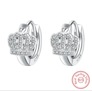 925 Sterling Silver Crown Hoop Huggie Earrings, Lab Created Diamond, Gift Bag - Picture 1 of 5