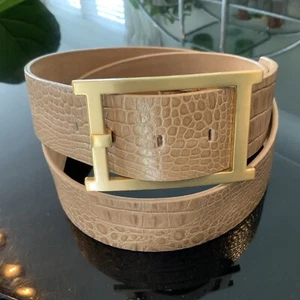 Talbots Genuine Wide Leather Belt XL Croc Embossed Tan Gold Buckle EUC - Picture 1 of 9