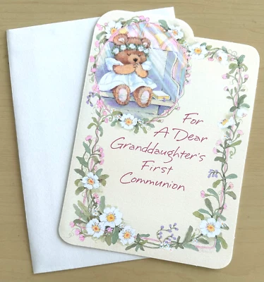 Granddaughter's First Communion GREETING CARD - NEW - Praying Teddy Bear - Image 1 of 3