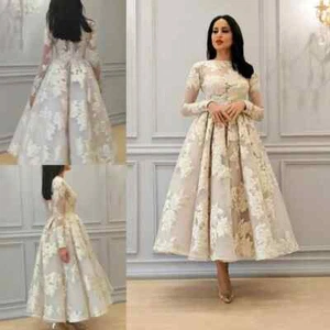 A Line Wedding Dresses with Long Sleeves Lace Appliques Tea Length - Picture 1 of 11