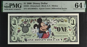 2000 $1 Disney Dollar Topolino Gemma UNC PMG 64 EPQ S/N A01240362A - Foto 1 di 2