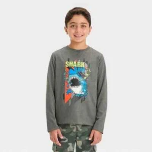 Boys' Long Sleeve 'Shark Bait' Graphic T-Shirt Cat & Jack™ Charcoal Gray Size M - Picture 1 of 1