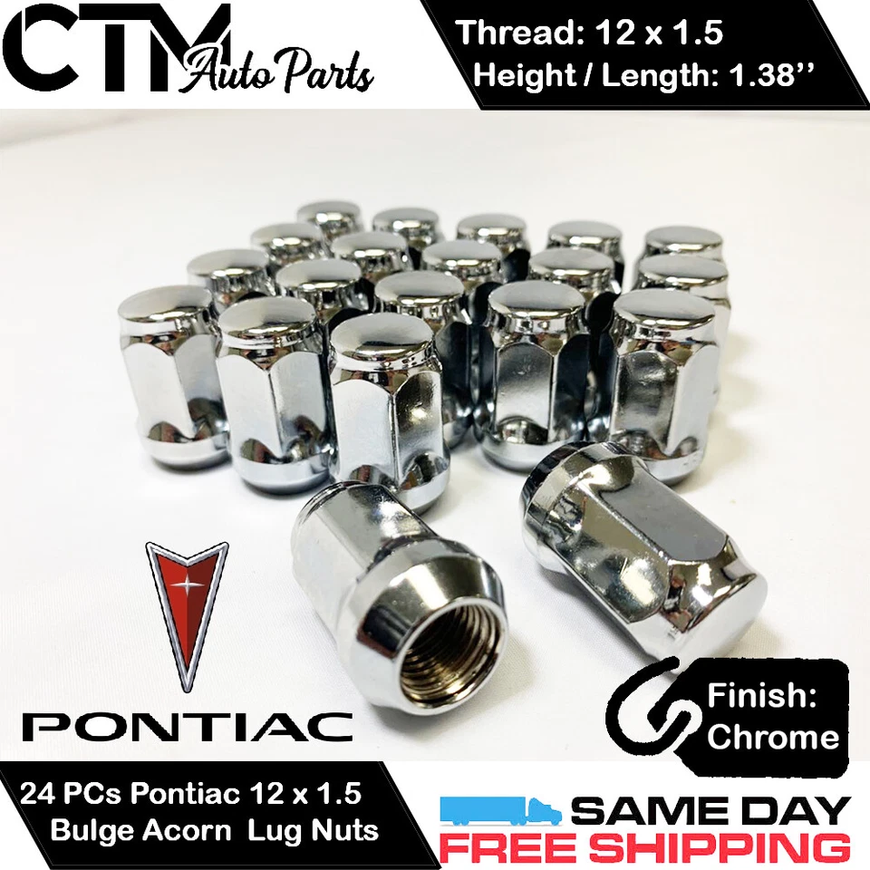 24PC PONTIAC CHROME CONICAL SEAT 12X1.5 WHEEL LUG NUTS BULGE ACORN FOR PONTIAC - Image 1 of 2