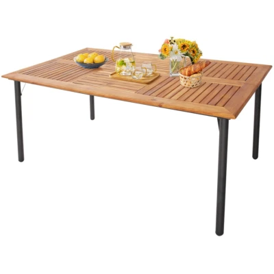 Mesa de comedor rectangular de madera de acacia para patio con orificio para sombrilla de 1,9"" interior y exterior Foto 1 de 4