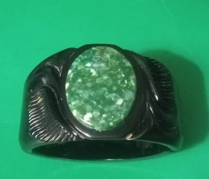Rare Vintage Bakelite Black & Green Clamper Bracelet. 6 1/2" X 1 3/4" - Foto 1 di 4
