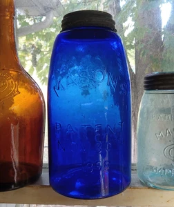 COBALT MASON'S PATENT NOV 30TH 1858 CROSS 1/2 GALLON REPRO FRUIT JAR GROUND LIP - Picture 1 of 13